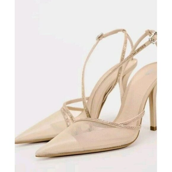 ZARA Pointed Toe Rhinestone Bow Slingback Heels 6.5 Tan NWT 3809 310 - Picture 4 of 5